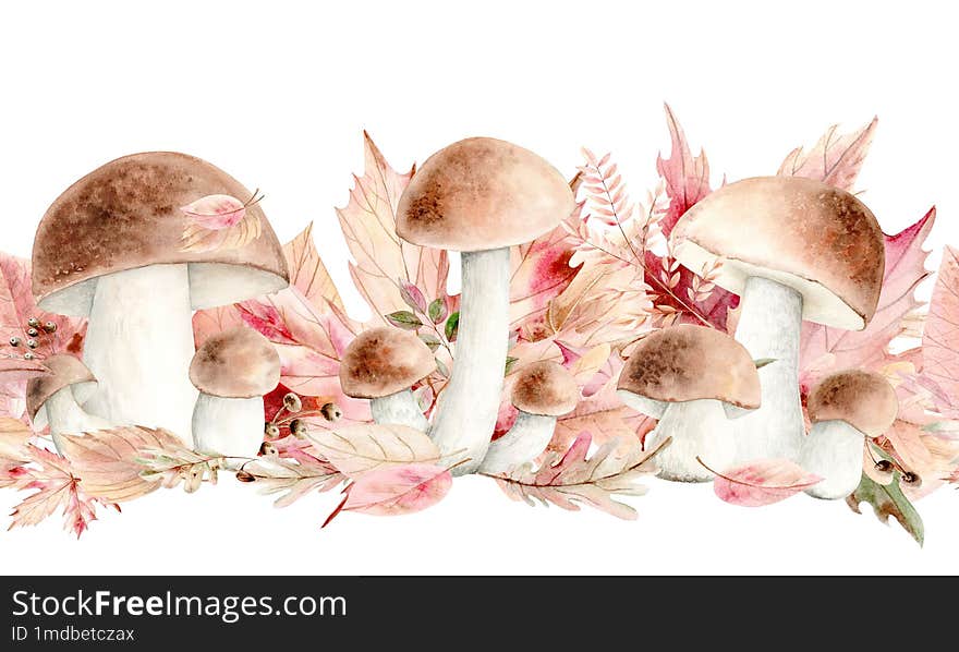 Forest Edible Mushrooms, Berries and Autumn Leaves Seamless watercolor border on white background. The drawing is hand drawn. Suit