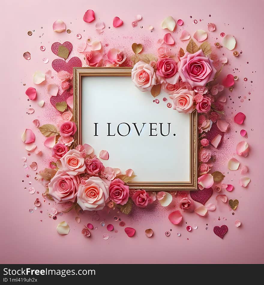 a pink frame with pink roses and gold glitter with i love you and with pink valentine color background, with loving frame, ai gene