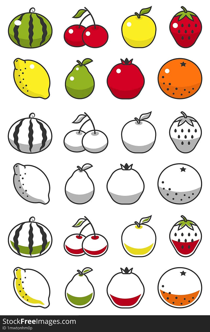 Fruit icons in outline style,  image, set, collection of fruit fresh mix