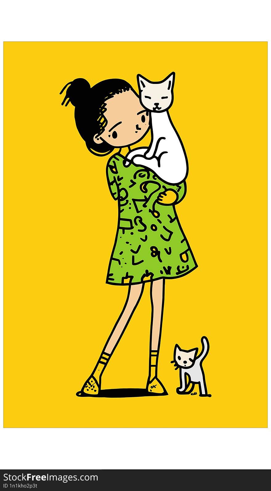 A baby cartoon  girl stands with a nice cat