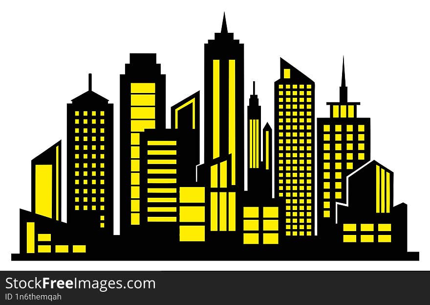 Generic cityscape with skyscrapers shining at night with bright yellow lights, an illustration perfect for tourism and architecture concepts