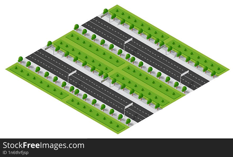 Isometric View Of A Highway Intersection Passing Through A Green Countryside With Trees And Grass