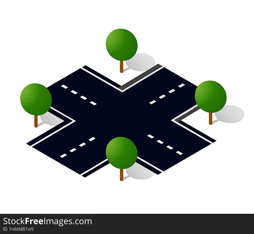 City Road Street Is a Highway with signs and trees. Isometric stock illustration of urban infrastructure