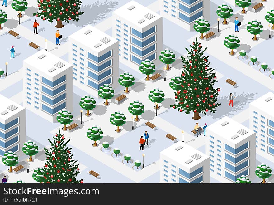 Winter Christmas Tree Seamless Background, New Year Is An Isometric City With Streets, Roads, And Transport