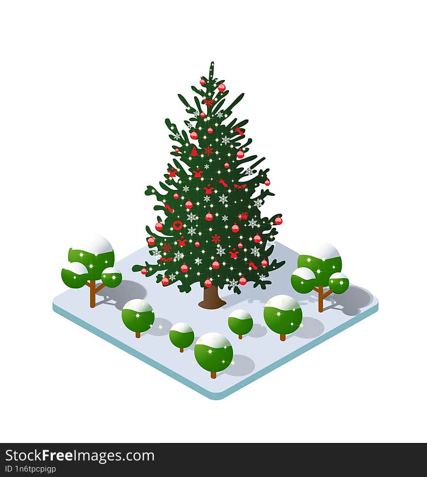 Winter Christmas snowy tree icon in the country forest