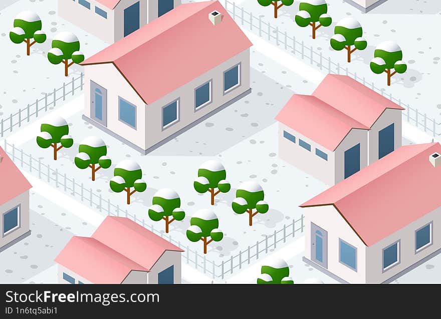 Winter Christmas tree seamless background, New Year is an isometric city with streets, roads, and transport