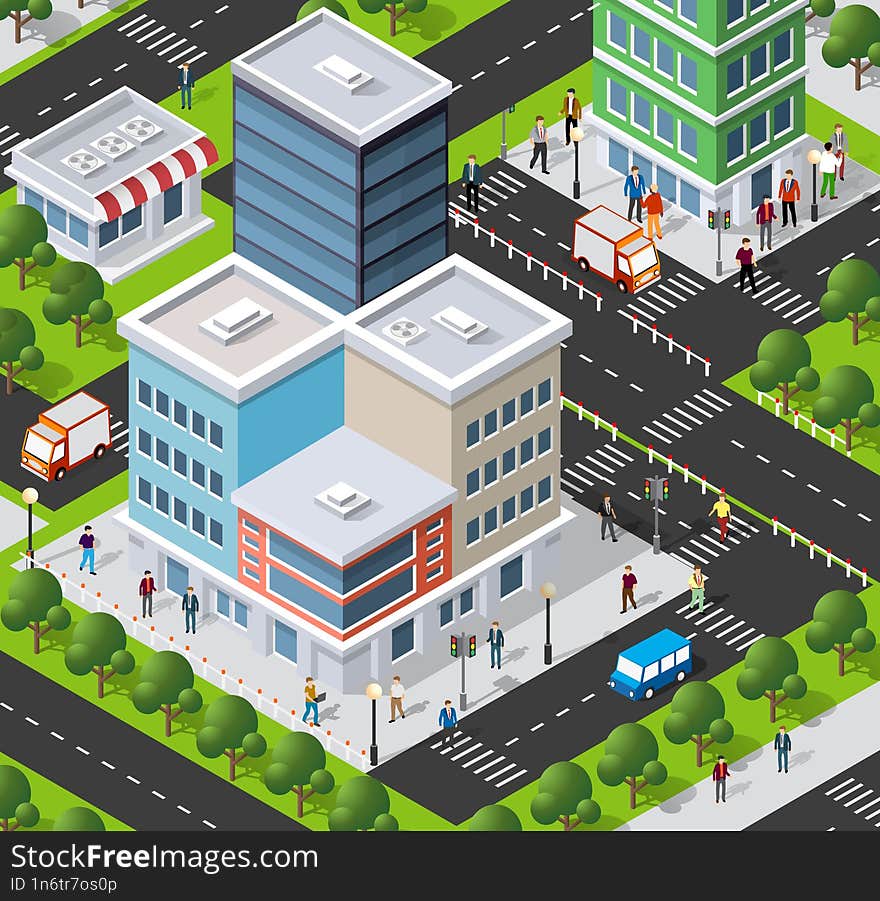 Lifestyle scene urban Isometric 3D illustration of a city block with houses, streets, people, cars. Illustration for the design and games industry