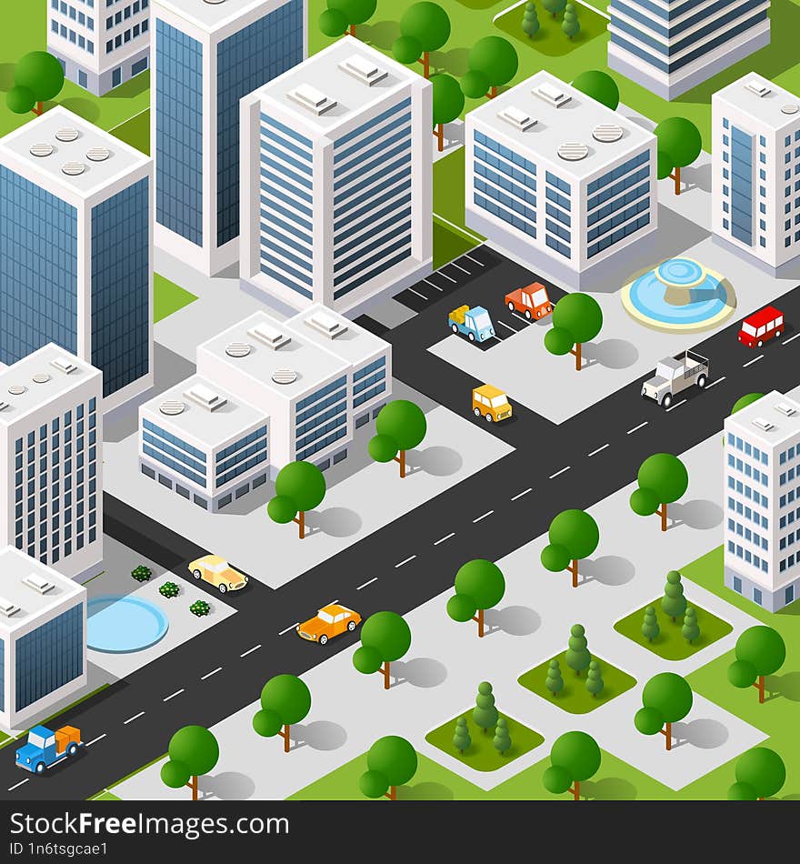 Lifestyle scene urban Isometric 3D illustration of a city block with houses, streets, people, cars. Illustration for the design an