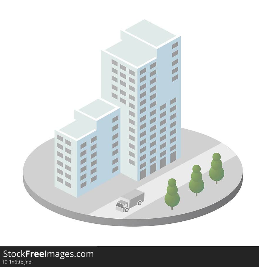 Vector isometric urban architecture single building of the modern city with a street townhouse apartment residential skyscraper of