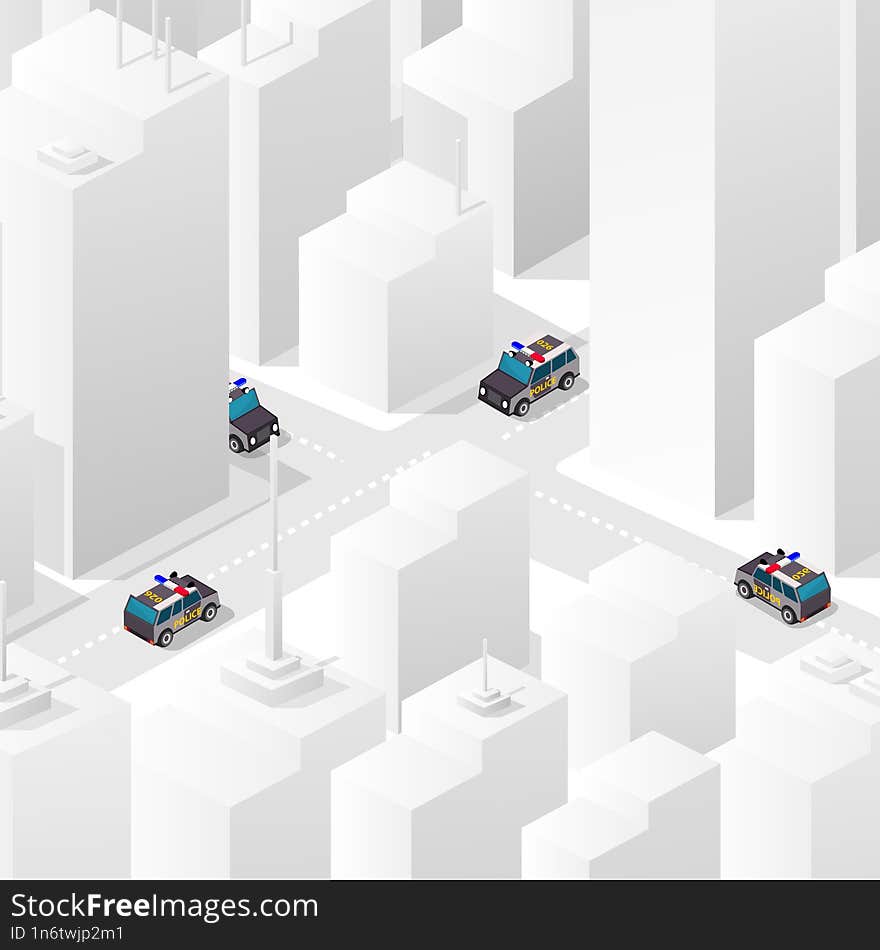 Isometric Street crossroads 3D illustration of the city quarter with police cars. Stock illustration for the design and gaming ind