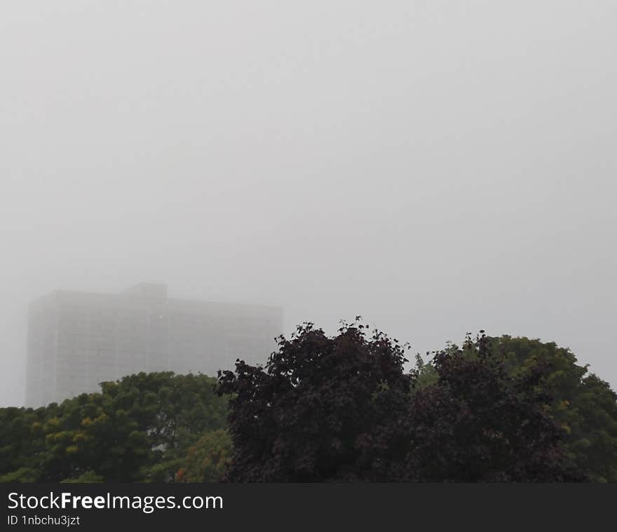 Residential Block Of Flats In Heavy Fog