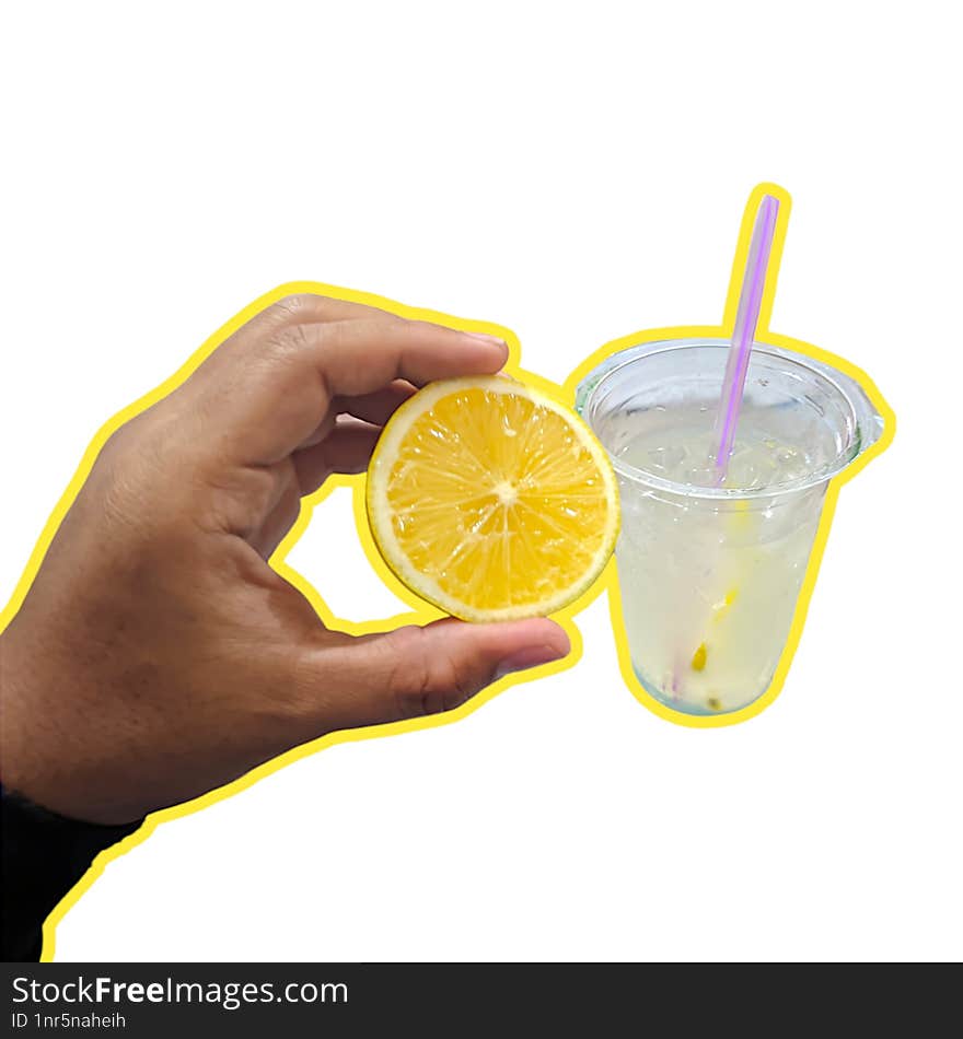 A hand holding a fresh lemon slice next to a plastic cup of lemonade with a straw, set against a white background