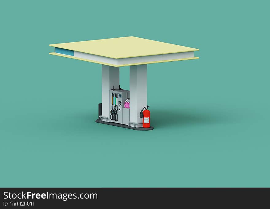 3D rendered illustration of the self-service gas station with 4 types of fuel, contactless payment terminal and the washing fluid selling point. Oil station equipped with fire extinguisher and the can