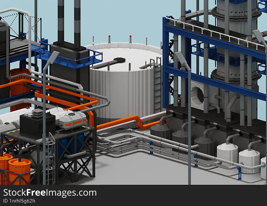 A close up view of the oil refinery plant. Isometric view. Stylized simplified minimalistic illustration asset for energy, oil and gas or critical infrastructure projects. Focused on a fuel tank and the rectification column