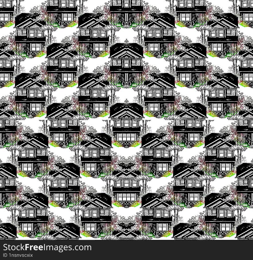 abstract seamless pattern of a house on two floors with trees nearby on a white background for surface design.