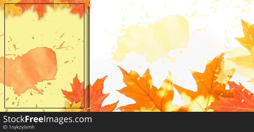 Autumn Banner Background With Live Dry Leaves And Watercolor Splash.free Space For Text.