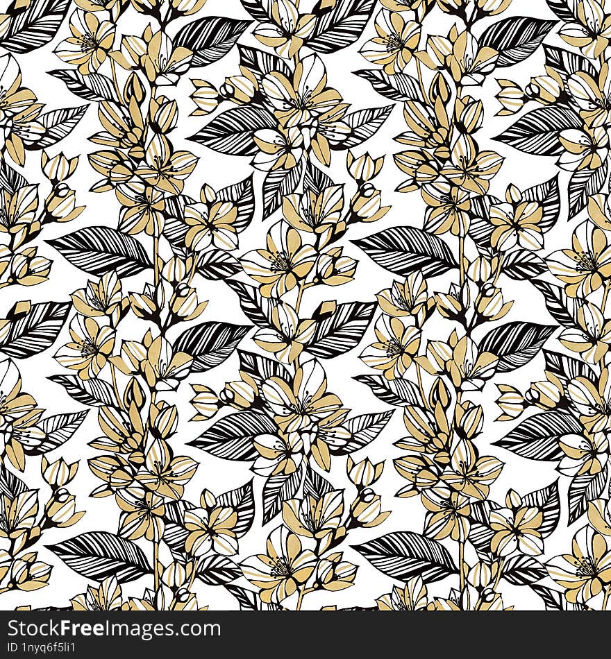 Seamless Flower Pattern. Gold Jasmine Flowers On A White Background. Hand Pencil Drawing. Design For Textiles And Fabrics. Gold Fl