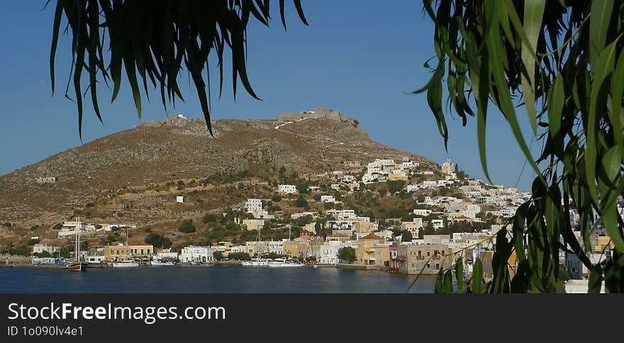 The waterfront and hill of Agia Marina on the Greek island of Leros