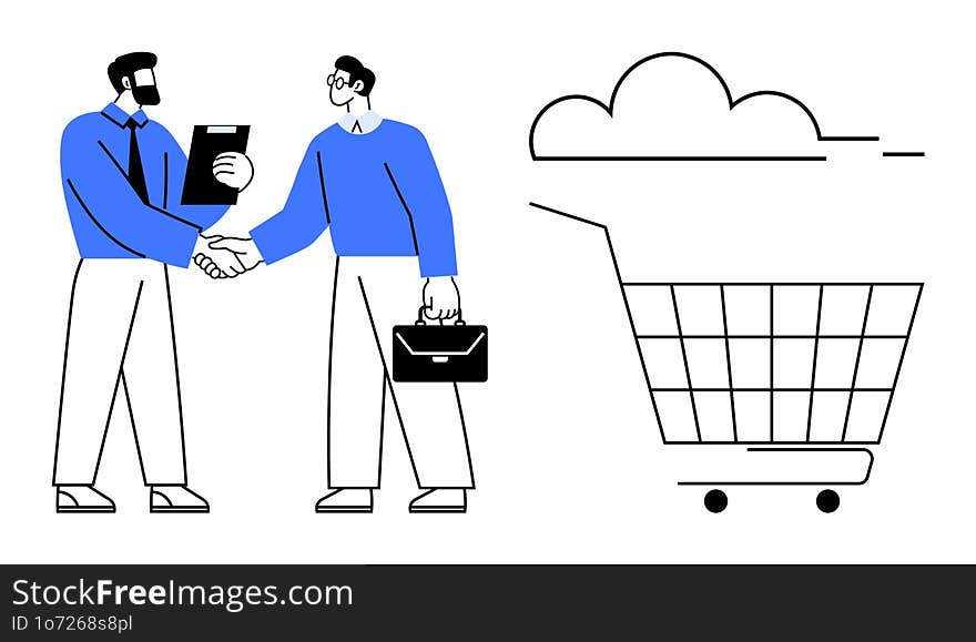 Two Businessmen Shaking Hands Highlight Partnership And Collaboration. The Neighboring Shopping Cart Represents Online Commerce An