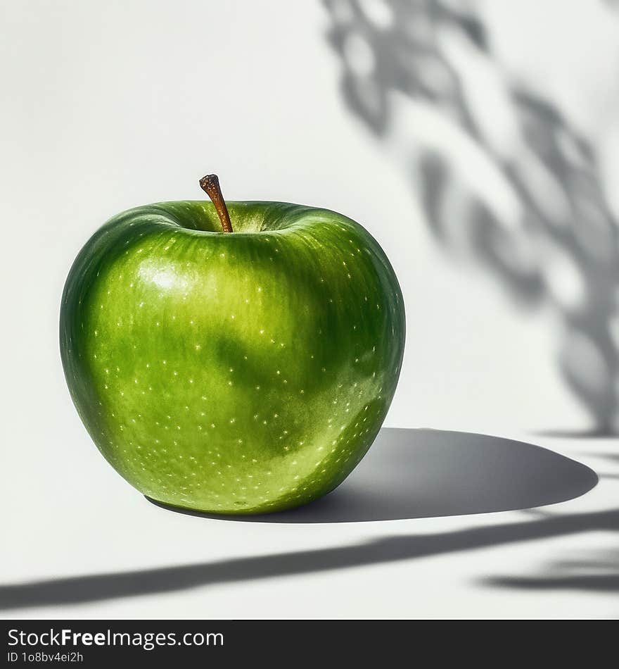 This image captures a solitary green apple on a bright white surface, bathed in natural sunlight that casts an intricate shadow. The shadow's pattern contrasts with the apple's vibrant green skin, which is dotted with tiny specks reflecting the light, showcasing the apple's fresh and crisp texture. This image captures a solitary green apple on a bright white surface, bathed in natural sunlight that casts an intricate shadow. The shadow's pattern contrasts with the apple's vibrant green skin, which is dotted with tiny specks reflecting the light, showcasing the apple's fresh and crisp texture