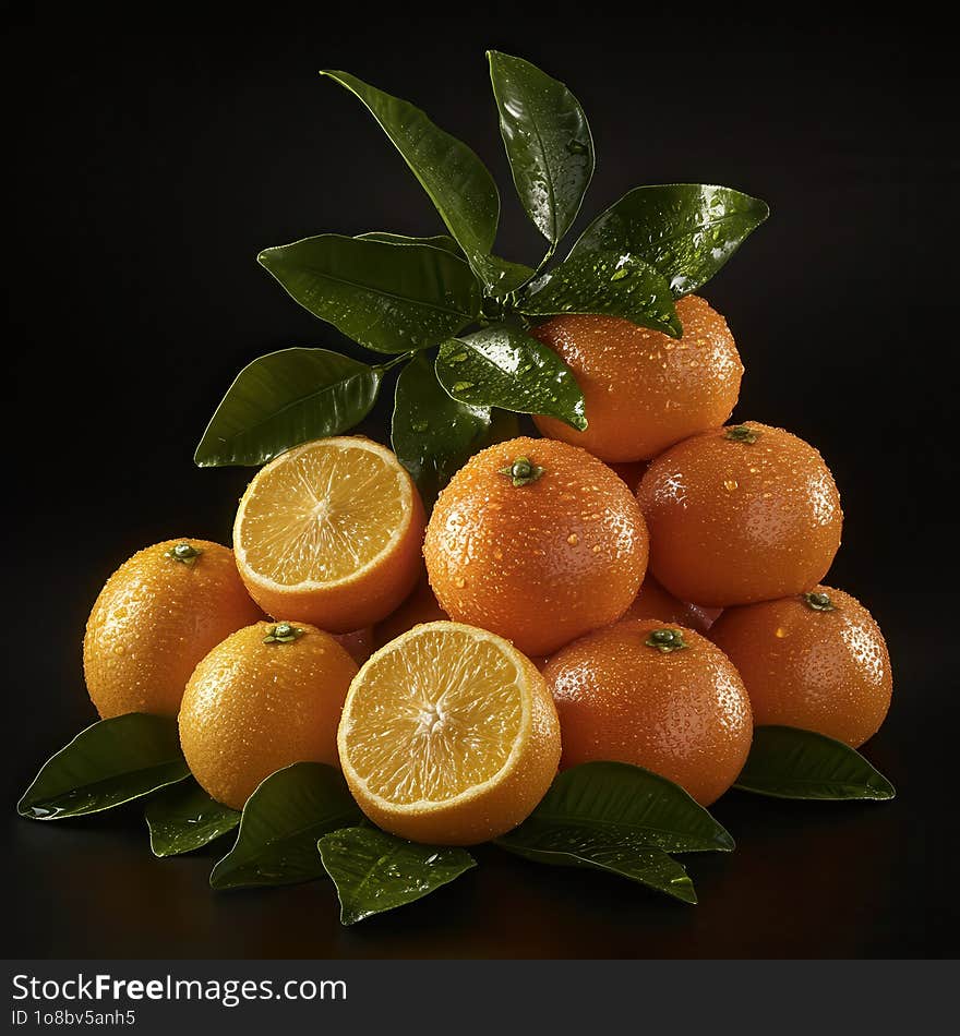 This image elegantly captures a pyramid of mandarin oranges, freshly washed and gleaming under soft lighting. Surrounded by vibrant green leaves, the oranges are displayed with a few cut in half, revealing their juicy interior. The dark background accentuates the dew-kissed texture of the fruit and the lush greenery. This image elegantly captures a pyramid of mandarin oranges, freshly washed and gleaming under soft lighting. Surrounded by vibrant green leaves, the oranges are displayed with a few cut in half, revealing their juicy interior. The dark background accentuates the dew-kissed texture of the fruit and the lush greenery