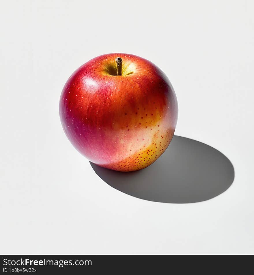 This image features a single apple, perfectly centered and illuminated by a stark light, casting a crisp shadow on a pure white background. The light enhances the apple's smooth texture and vibrant gradient of red and yellow hues, emphasizing its fresh and appealing look. This image features a single apple, perfectly centered and illuminated by a stark light, casting a crisp shadow on a pure white background. The light enhances the apple's smooth texture and vibrant gradient of red and yellow hues, emphasizing its fresh and appealing look