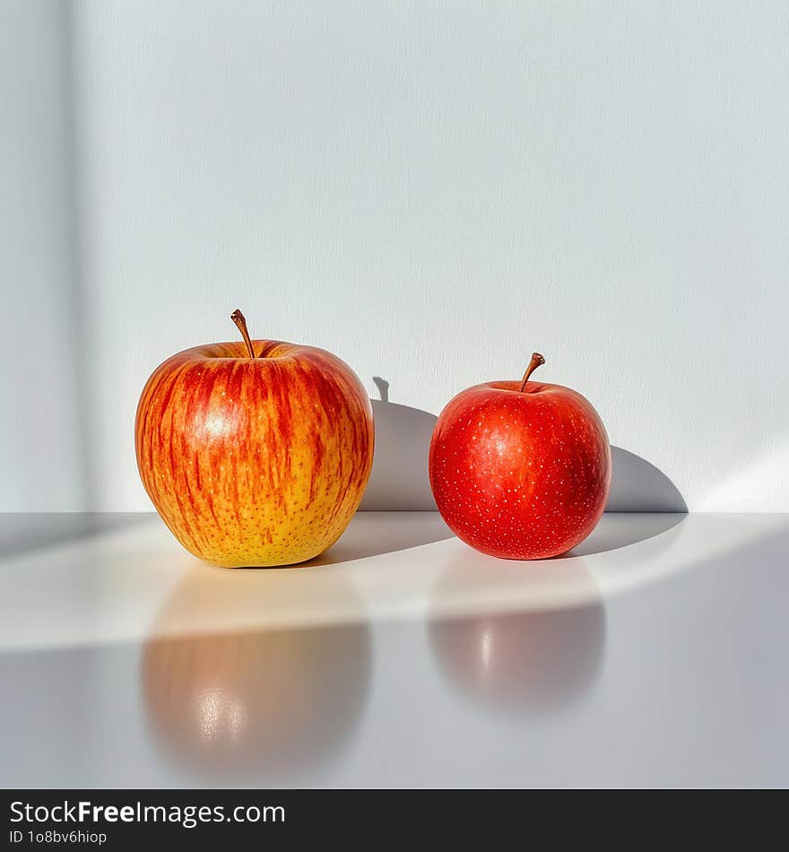 This minimalist image captures two apples, one larger and one smaller, placed side by side on a sleek white surface under the bright sunlight. The composition utilizes strong shadows and natural light to accentuate the rich red and yellow hues of the apples, creating a serene and visually appealing scene. This minimalist image captures two apples, one larger and one smaller, placed side by side on a sleek white surface under the bright sunlight. The composition utilizes strong shadows and natural light to accentuate the rich red and yellow hues of the apples, creating a serene and visually appealing scene