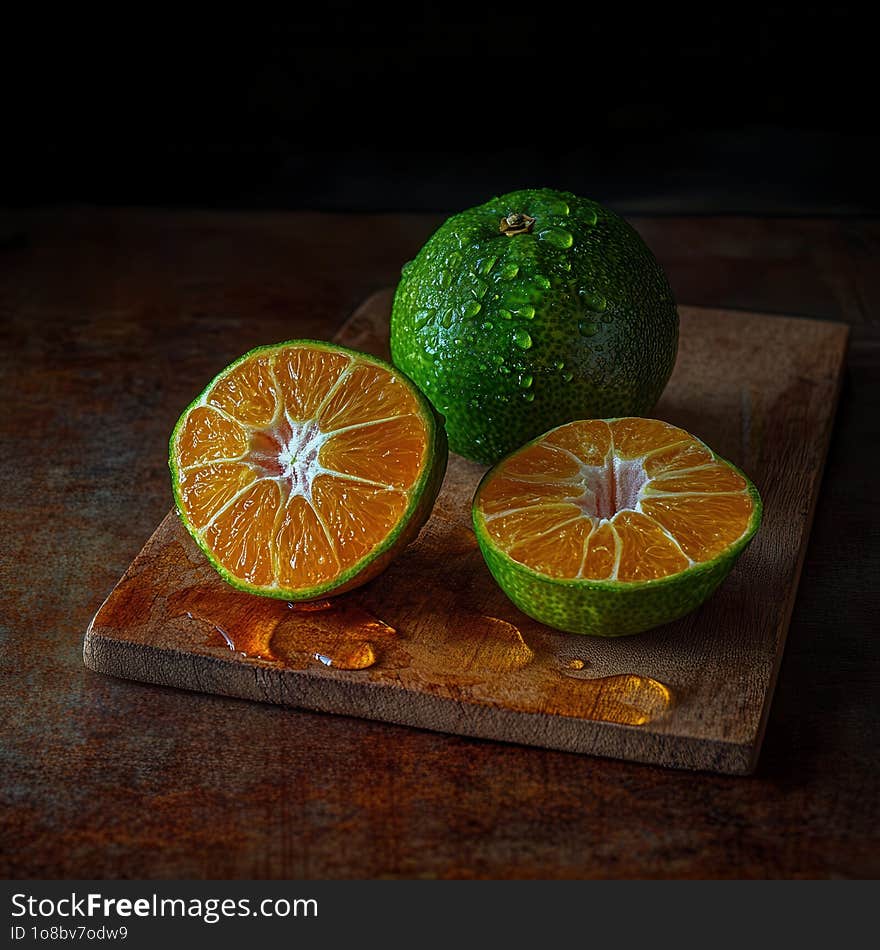 This image showcases vibrant tangerines, freshly cut and displayed on a rustic wooden cutting board. Water droplets bead on the green, textured skin, highlighting the freshness and juicy appeal of the fruit. The dark, moody background contrasts sharply with the bright orange of the tangerines, creating a visually striking and appetizing scene. This image showcases vibrant tangerines, freshly cut and displayed on a rustic wooden cutting board. Water droplets bead on the green, textured skin, highlighting the freshness and juicy appeal of the fruit. The dark, moody background contrasts sharply with the bright orange of the tangerines, creating a visually striking and appetizing scene