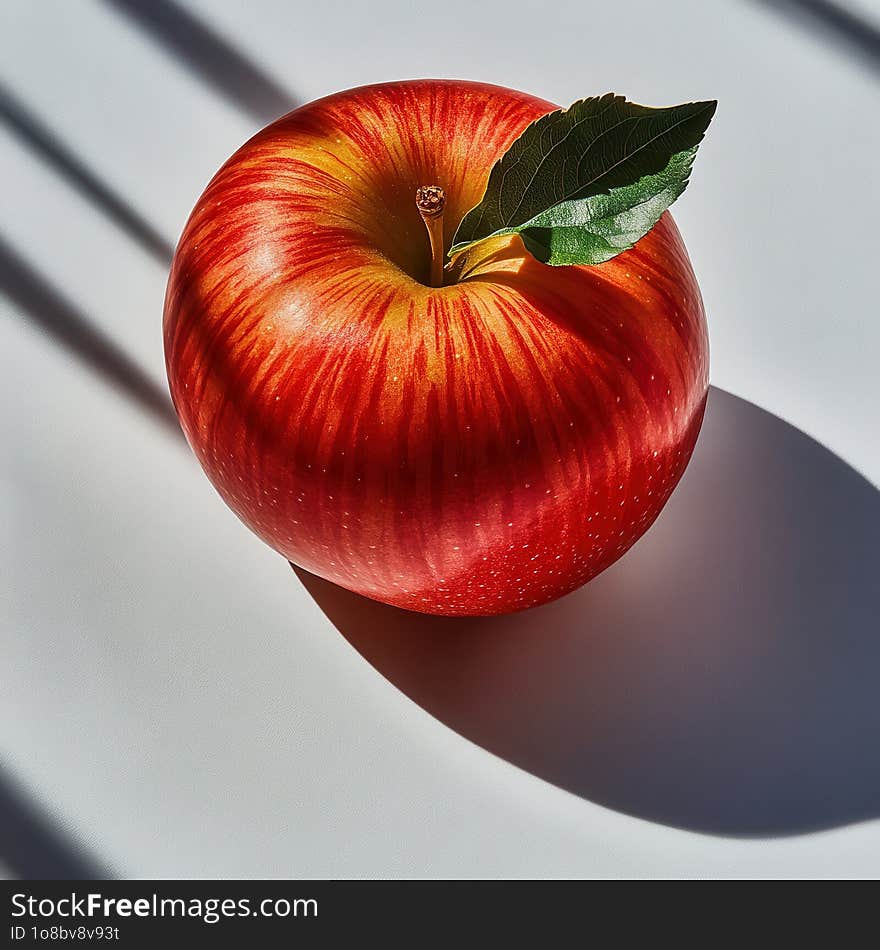 This image captures a single, perfectly ripe apple bathed in sunlight, creating striking shadows that play off its vibrant red and yellow hues. A green leaf adorns the apple, enhancing its natural beauty and freshness. This image captures a single, perfectly ripe apple bathed in sunlight, creating striking shadows that play off its vibrant red and yellow hues. A green leaf adorns the apple, enhancing its natural beauty and freshness