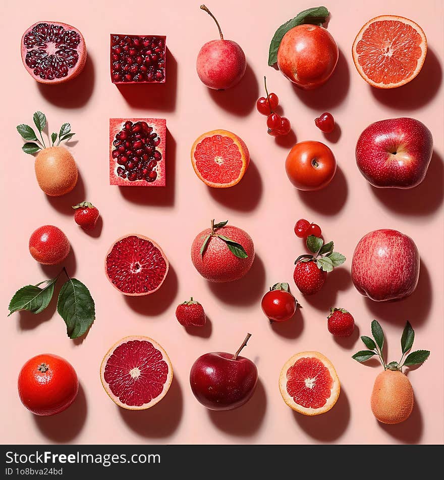 This image displays a harmonious array of red fruits, including pomegranates, apples, and citrus, arranged against a soft pink background. Each fruit is meticulously placed to create a visually stunning pattern that emphasizes their natural red hues and varied texture. This image displays a harmonious array of red fruits, including pomegranates, apples, and citrus, arranged against a soft pink background. Each fruit is meticulously placed to create a visually stunning pattern that emphasizes their natural red hues and varied texture