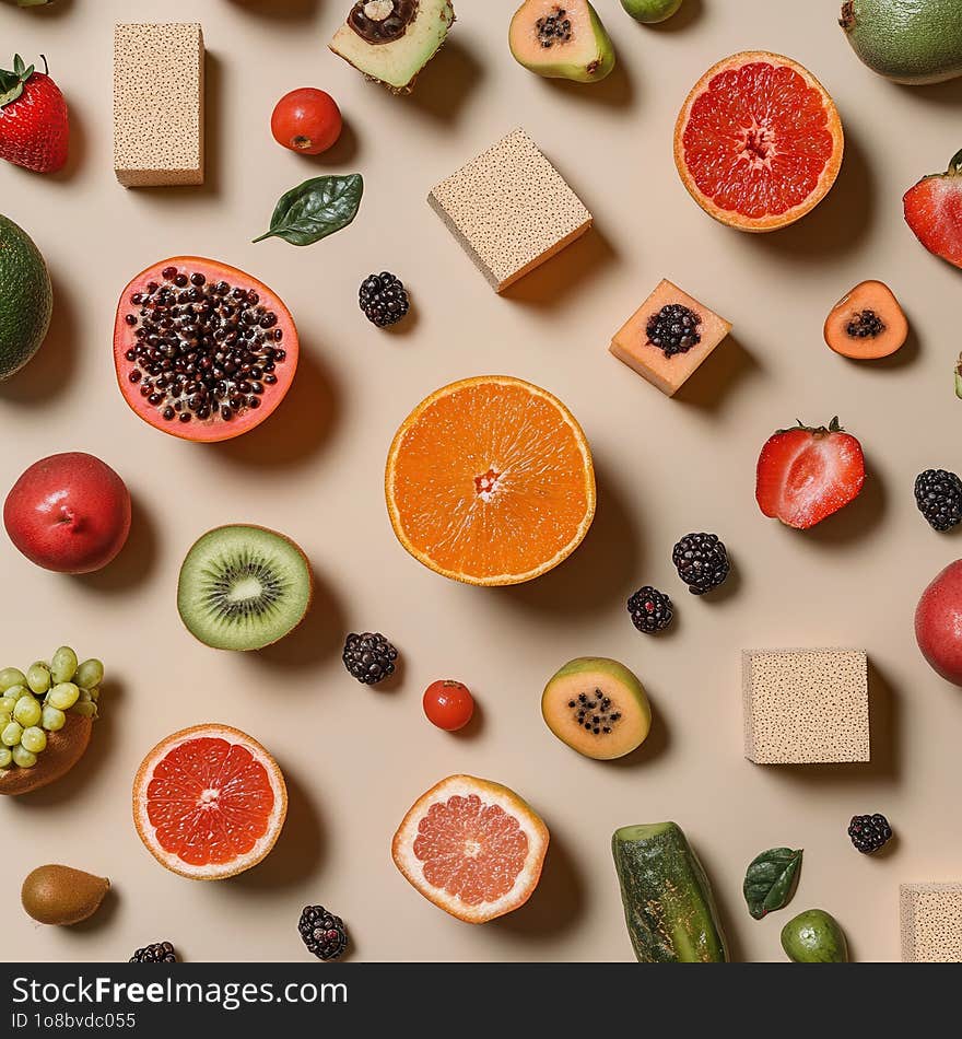 his visually engaging image captures a wide variety of fruits and their textured surfaces artistically arranged on a neutral backdrop. The composition includes whole fruits like grapefruits and strawberries, alongside cubed and uniquely textured pieces, creating a delightful play on shapes and textures. his visually engaging image captures a wide variety of fruits and their textured surfaces artistically arranged on a neutral backdrop. The composition includes whole fruits like grapefruits and strawberries, alongside cubed and uniquely textured pieces, creating a delightful play on shapes and textures