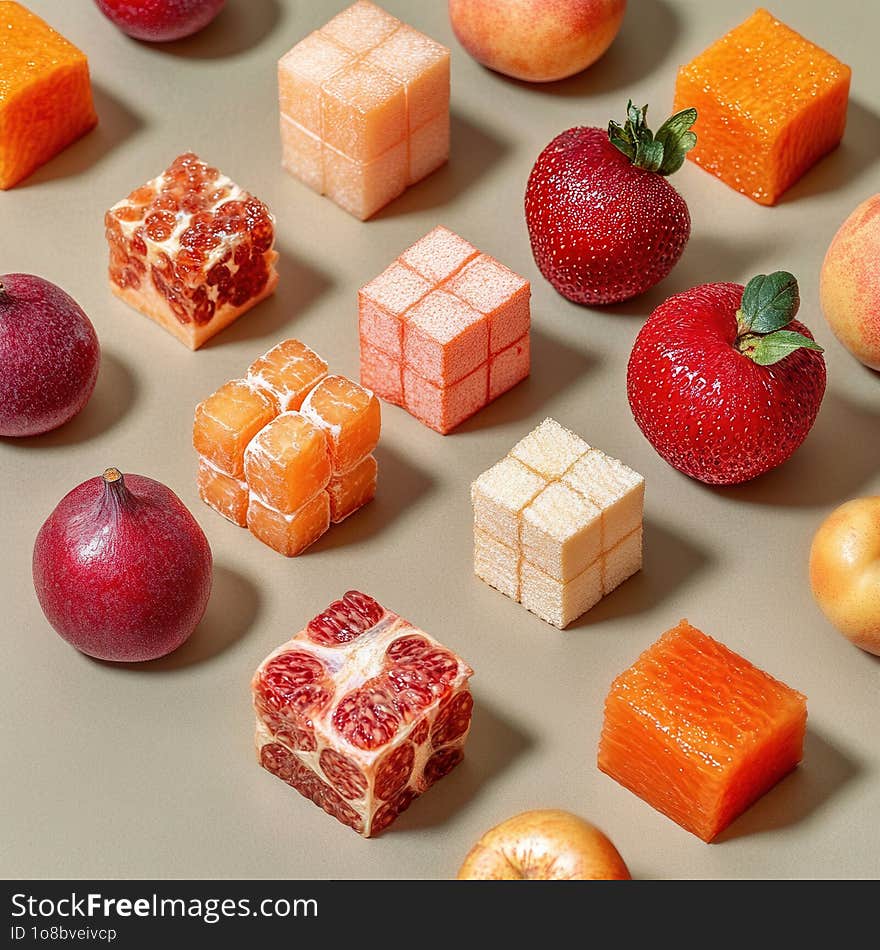 This image creatively displays an assortment of fruits and their cubed counterparts arranged on a neutral background. Whole fruits like strawberries, peaches, and pomegranates are juxtaposed with precisely cut cubes of fruit, presenting a unique and visually striking geometric pattern. This image creatively displays an assortment of fruits and their cubed counterparts arranged on a neutral background. Whole fruits like strawberries, peaches, and pomegranates are juxtaposed with precisely cut cubes of fruit, presenting a unique and visually striking geometric pattern