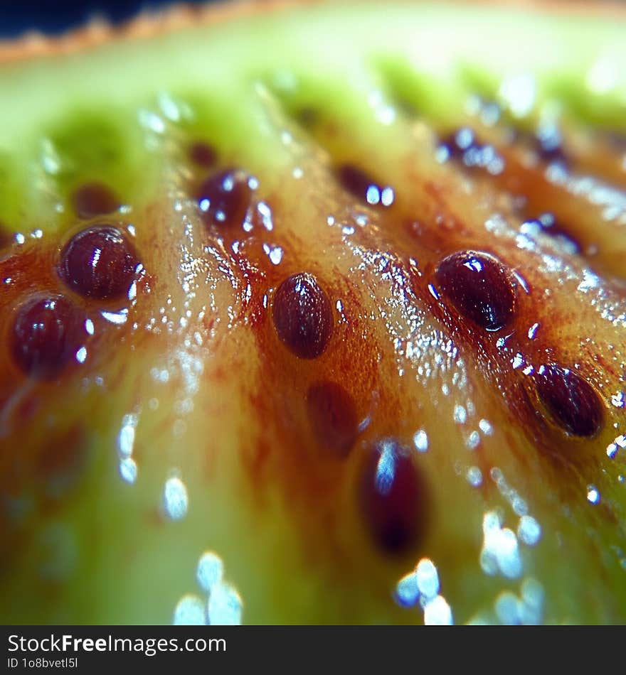 This macro image captures the captivating detail of a kiwi slice, focusing on the dewy, seed-speckled surface. The seeds appear almost suspended in the juicy, translucent green flesh, highlighted by droplets that enhance the fruit's freshness and texture. This macro image captures the captivating detail of a kiwi slice, focusing on the dewy, seed-speckled surface. The seeds appear almost suspended in the juicy, translucent green flesh, highlighted by droplets that enhance the fruit's freshness and texture