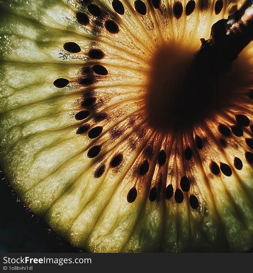 This image presents a captivating close-up of a kiwi slice, backlit to enhance the intricate details of its seeds and radiant green flesh. The lighting casts dramatic shadows and highlights, showcasing the kiwi's unique texture and vibrant interior. This image presents a captivating close-up of a kiwi slice, backlit to enhance the intricate details of its seeds and radiant green flesh. The lighting casts dramatic shadows and highlights, showcasing the kiwi's unique texture and vibrant interior