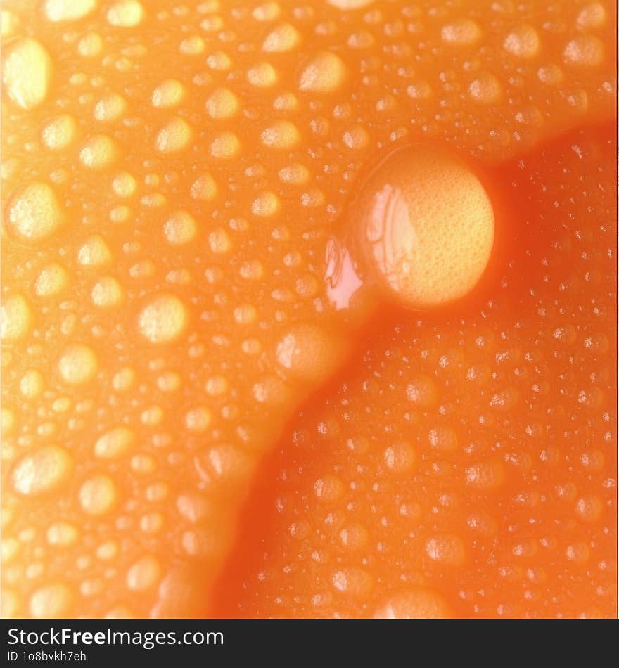 A close-up image capturing the fascinating texture of an orange surface dotted with numerous small and large dewdrops. The photo highlights the vivid orange backdrop with reflective water droplets creating a captivating interplay of light and shadow. A close-up image capturing the fascinating texture of an orange surface dotted with numerous small and large dewdrops. The photo highlights the vivid orange backdrop with reflective water droplets creating a captivating interplay of light and shadow