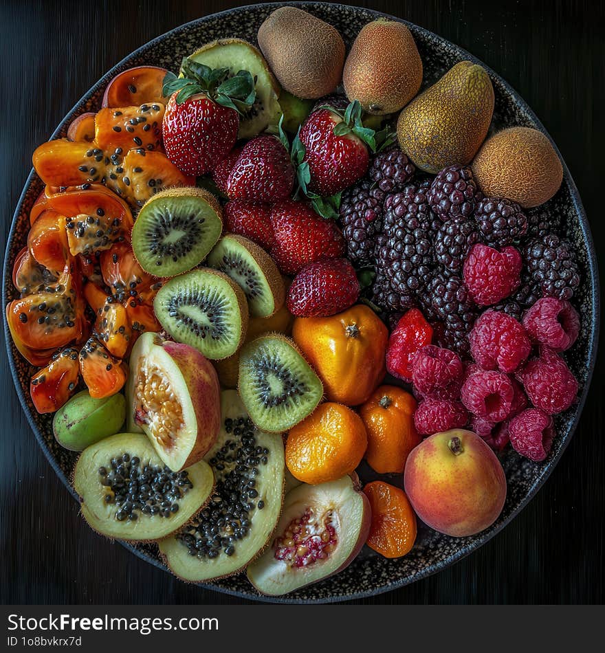 A beautifully arranged platter of vibrant, fresh fruits. This image features a rich assortment including strawberries, kiwis, blackberries, raspberries, and exotic papaya, each piece vividly capturing the natural textures and colors. This composition highlights the diversity and beauty of fresh produce, ideal for a healthy lifestyle visual. A beautifully arranged platter of vibrant, fresh fruits. This image features a rich assortment including strawberries, kiwis, blackberries, raspberries, and exotic papaya, each piece vividly capturing the natural textures and colors. This composition highlights the diversity and beauty of fresh produce, ideal for a healthy lifestyle visual