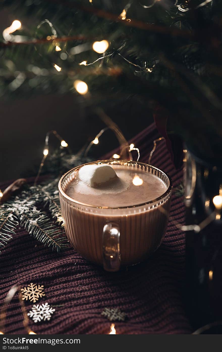 Cozy Christmas still life with hot chocolate, fir branches and lights.