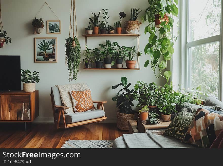 A vibrant, eco-friendly home with indoor plants, sustainable materials, and natural light creating a warm, inviting atmosphere