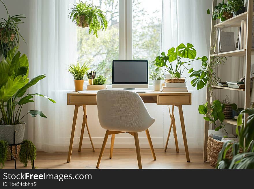 A vibrant, eco-friendly home with indoor plants, sustainable materials, and natural light creating a warm, inviting atmosphere