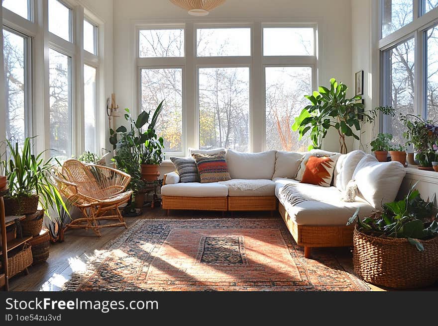 A vibrant, eco-friendly home with indoor plants, sustainable materials, and natural light creating a warm, inviting atmosphere