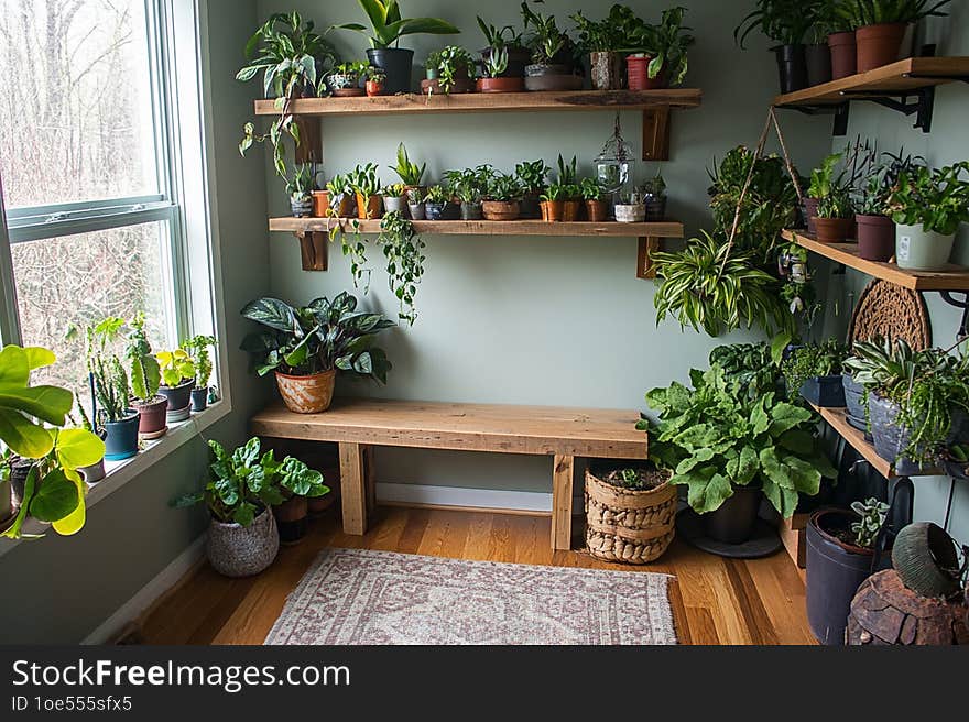 A vibrant, eco-friendly home with indoor plants, sustainable materials, and natural light creating a warm, inviting atmosphere