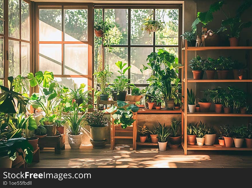 A vibrant, eco-friendly home with indoor plants, sustainable materials, and natural light creating a warm, inviting atmosphere