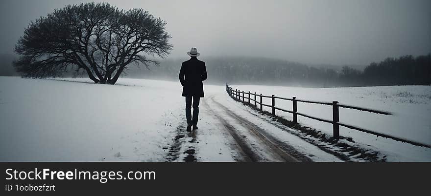 A man wearing a hat and a long coat walks down a path in a snowy field. There is a large tree to the left and a wooden fence on the right. The sky is overcast, and the landscape is covered in snow. A man wearing a hat and a long coat walks down a path in a snowy field. There is a large tree to the left and a wooden fence on the right. The sky is overcast, and the landscape is covered in snow.