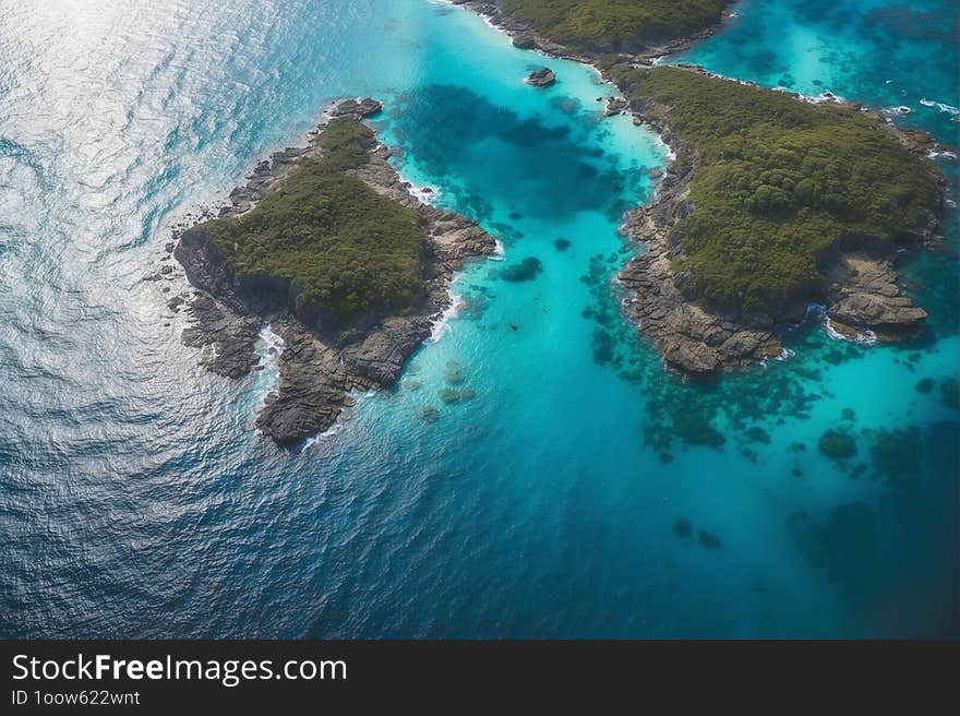 The aerial view shows an island surrounded by the vast expanse of the ocean, with waves crashing against its shores. The island is lush with greenery and features sandy beaches. The aerial view shows an island surrounded by the vast expanse of the ocean, with waves crashing against its shores. The island is lush with greenery and features sandy beaches.