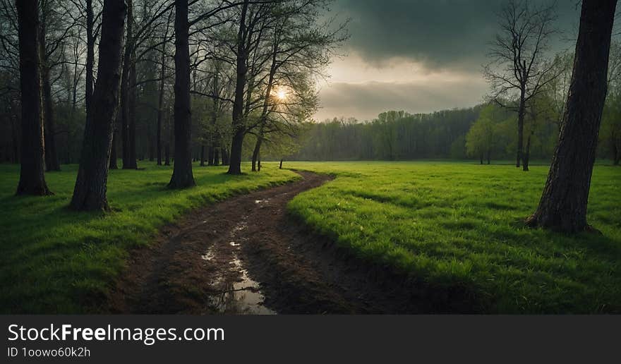 A straight dirt road cuts through a vast expanse of green grass in a flat field under a clear sky. A straight dirt road cuts through a vast expanse of green grass in a flat field under a clear sky.