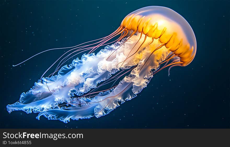 The graceful jellyfish are freely wandering in the vast expanse of the sea. Their translucent bodies move with an ethereal grace