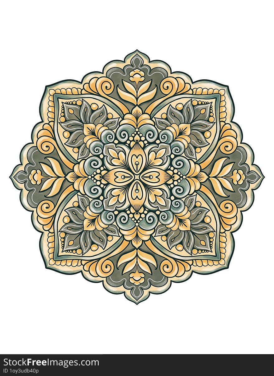 Simple circular mandala design in yellow and pale green shades