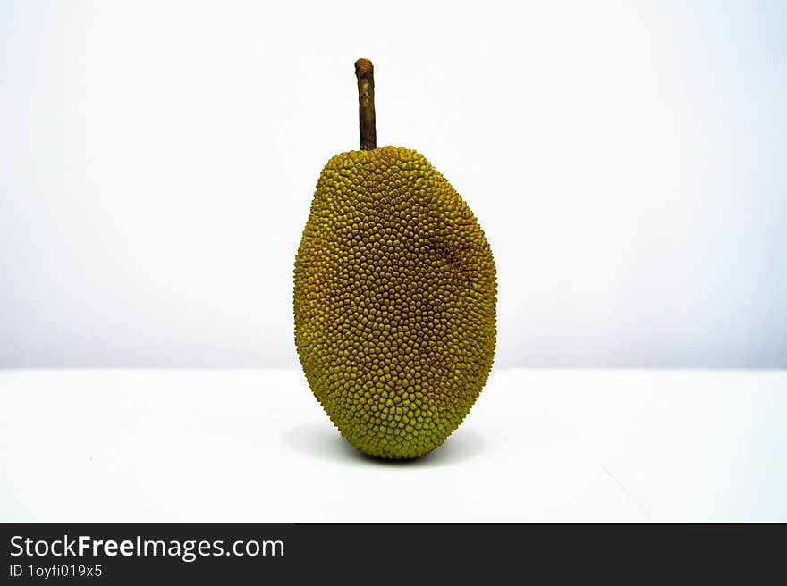 Selected focus photo of jackfruit isolated on white background