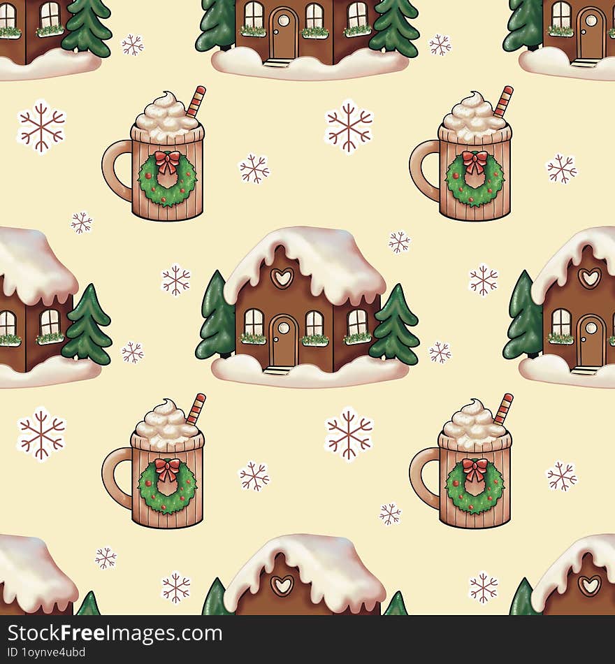 Seamless winter holiday pattern featuring charming gingerbread houses and cozy mugs of hot cocoa.Set against a deep black backgrou