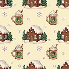 Seamless Winter Holiday Pattern Featuring Charming Gingerbread Houses And Cozy Mugs Of Hot Cocoa.Set Against A Deep Black Backgrou Stock Photos